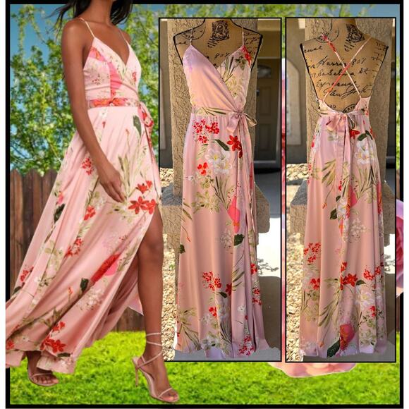 Lulus Belted Pink Floral Print Satin Still the One Maxi Dress Size XL - Picture 1 of 14